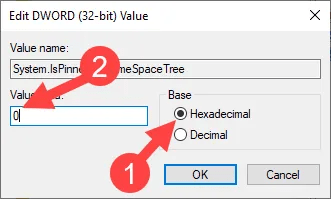 Modifica del parametro Dati valore impostandolo a zero per disattivare la cartella
