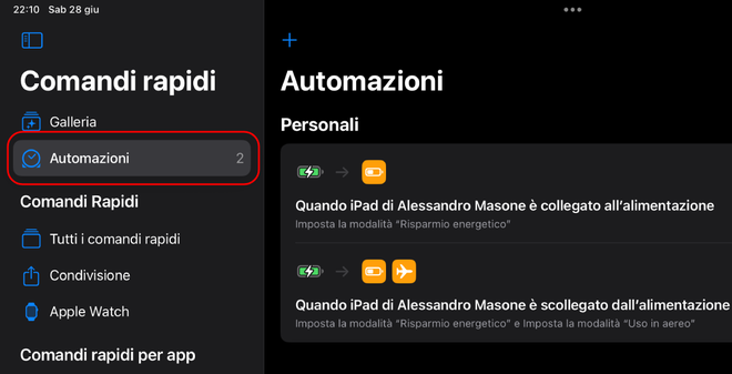 Sezione Automazione nell’interfaccia dell’app Comandi di iPadOS