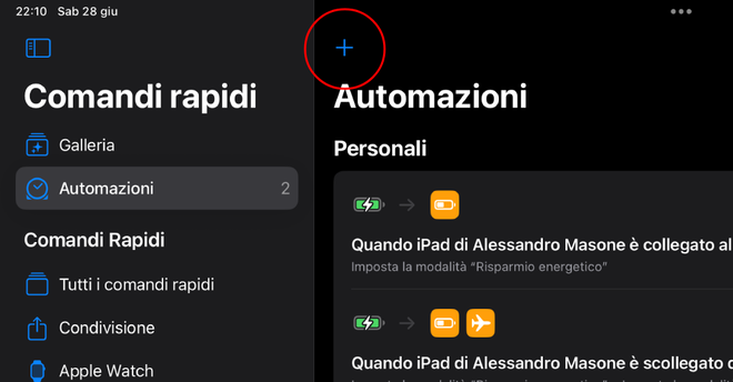 Pulsante per aggiungere e creare una nuova automazione personale su iPad