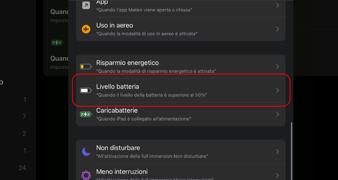 Menu di selezione del Livello Batteria come condizione per automatizzare il tablet Apple