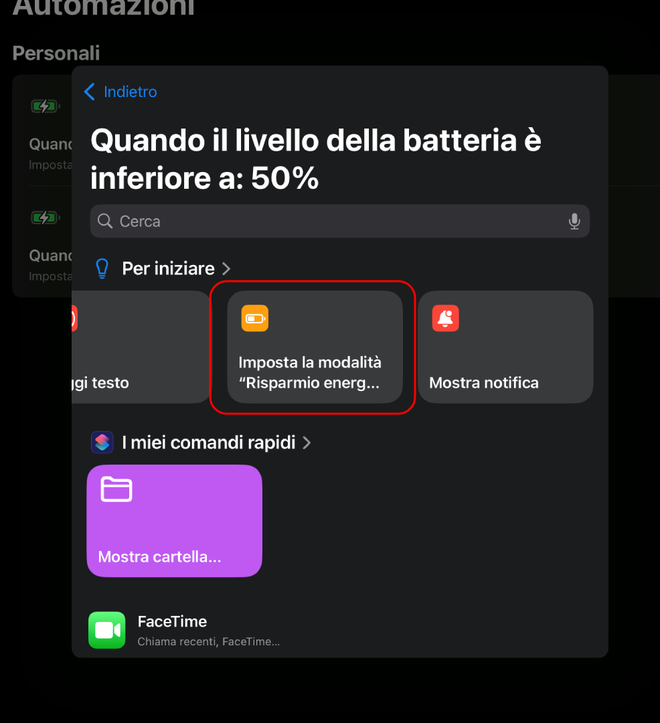 Ricerca e selezione dell’azione Imposta la modalità Risparmio Energetico nel menu di iPadOS