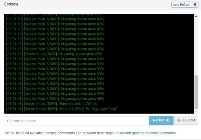 Console di un server Minecraft con la riga «Done» che segnala la fine del caricamento del mondo