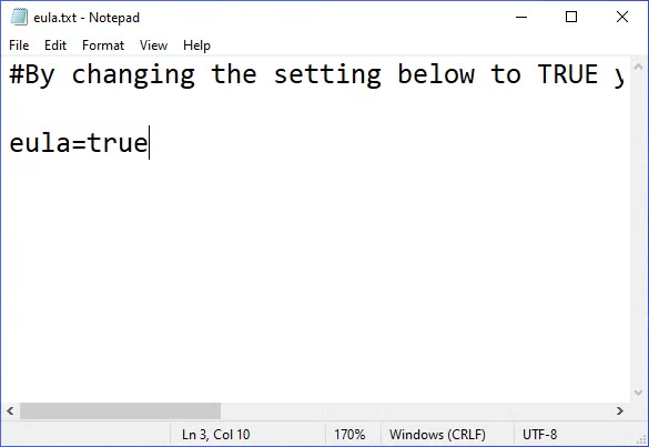 File eula.txt aperto nel Blocco note con la riga modificata in eula uguale a true