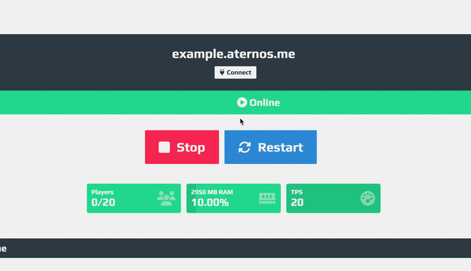 Pannello di Aternos con il server segnalato online e l’indirizzo di connessione in evidenza