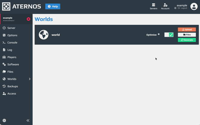 Sezione Mondi di Aternos con i pulsanti per caricare e scaricare il mondo del server