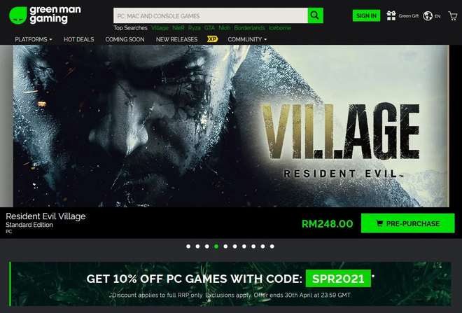 Page d’accueil et vitrine des offres actives sur le site Green Man Gaming