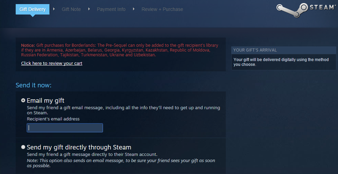Avviso di Steam durante l’invio di un regalo con la restrizione regionale del gioco