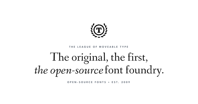 Home page di The League of Moveable Type, piattaforma di font open source di altissima qualità tipografica