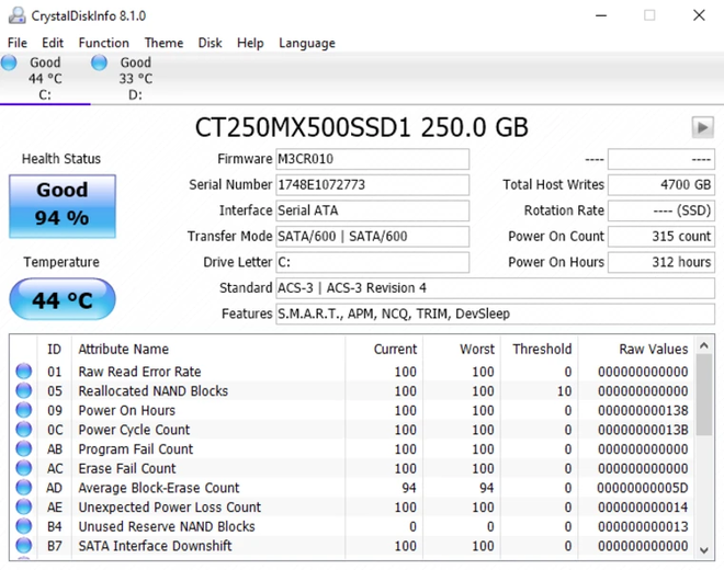Leitura avançada de parâmetros SMART para determinar a saúde de um SSD via CrystalDiskInfo