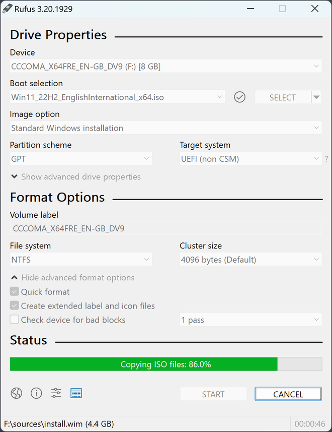 Interface de formatação e extração de imagem ISO em chave com Rufus