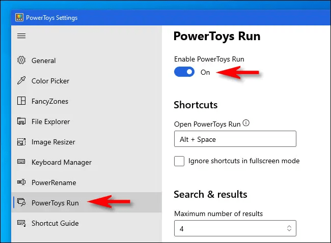 Pannello di configurazione per abilitare PowerToys Run dalle impostazioni su Windows 11