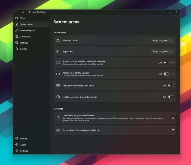 Pagina System areas di Auto Dark Mode con le opzioni per applicare il tema scuro alle diverse parti di Windows