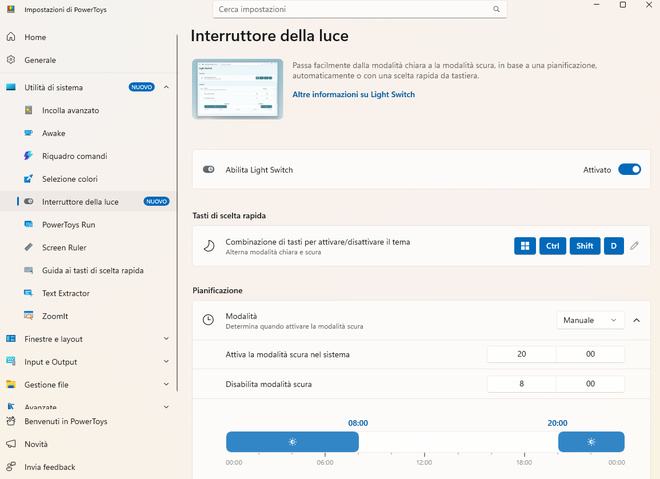 Pagina delle impostazioni di Light Switch in PowerToys con le modalità di pianificazione del cambio tema