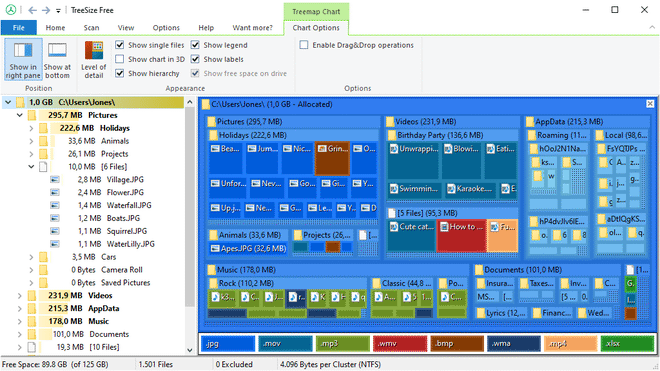 Interface principal de software TreeSize Free para análise e gerenciamento de espaço em disco no Windows