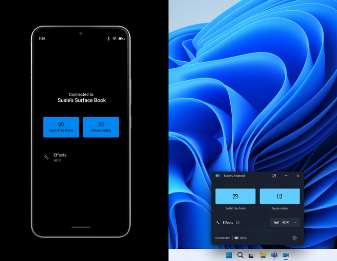 Finestra della fotocamera connessa di Windows 11 con l’inquadratura del telefono Android abbinato