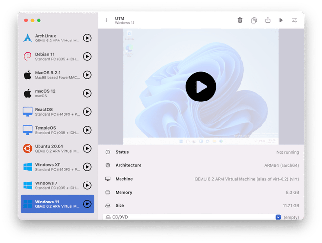 Interfaccia del software UTM per la gestione di macchine virtuali su Mac
