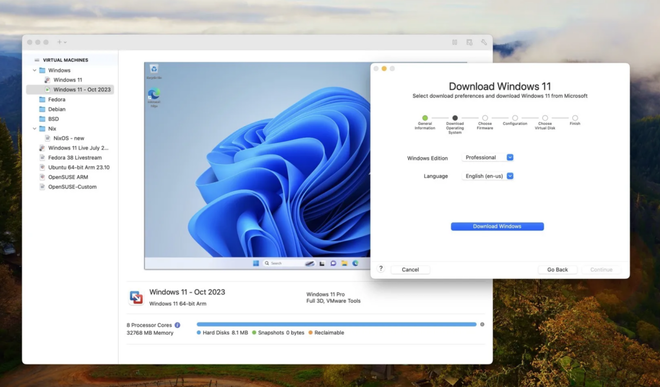Schermata principale di VMware Fusion ottimizzato per i chip Apple Silicon