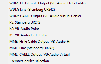 Menu a tendina degli ingressi hardware disponibili nel sistema di Windows