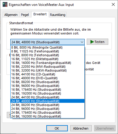Proprietà del dispositivo audio in Windows per l'impostazione della frequenza di campionamento e profondità di bit