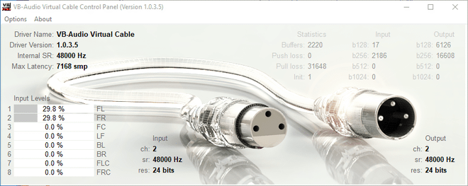 Interfaccia di configurazione del VB-AUDIO Virtual Cable Control Panel