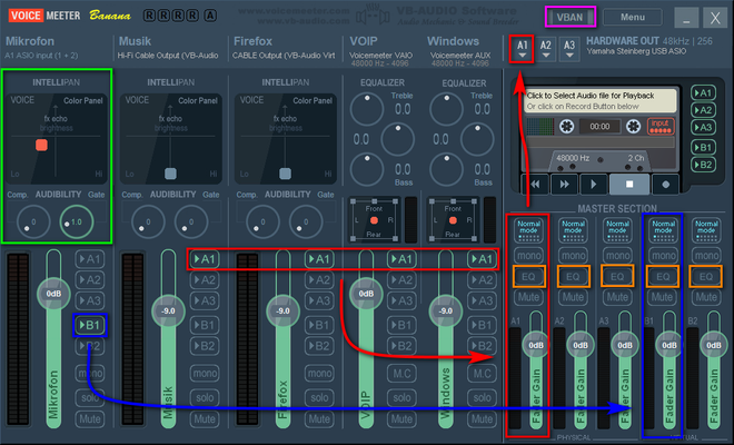 Panoramica completa delle funzioni di base e dei bus di routing all'interno di Voicemeeter Banana