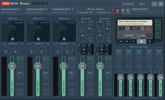 Menu a tendina per l'assegnazione dell'uscita principale A1 nel mixer