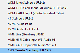 Selezione dei driver ASIO nel menu delle uscite audio hardware