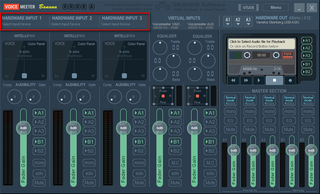 Assegnazione degli ingressi hardware per microfono e cavi virtuali sulla parte sinistra del mixer