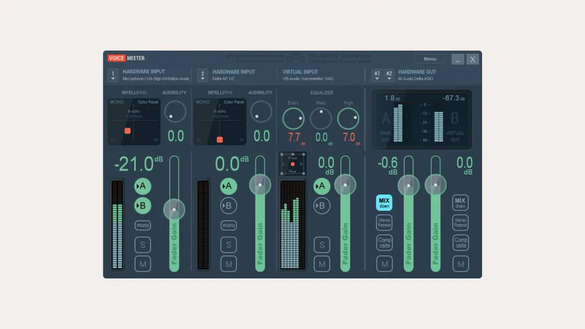 Interfaccia del mixer virtuale Voicemeeter Banana aperta sul desktop di Windows 11