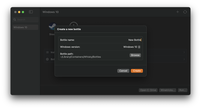 Schermata dell’interfaccia di Whisky per installare giochi Windows su Mac Apple Silicon
