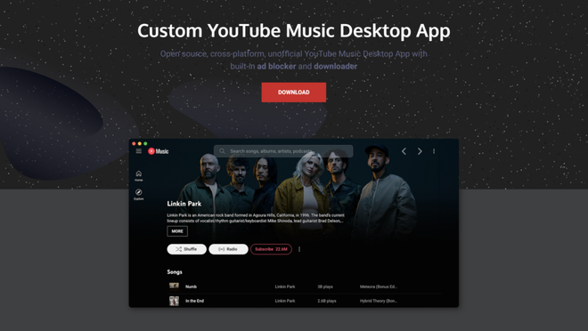 Schermata principale di YouTube Music Desktop App su PC Windows e Mac