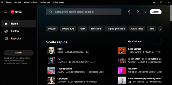 Pannello delle impostazioni e gestione plugin di YouTube Music Desktop App